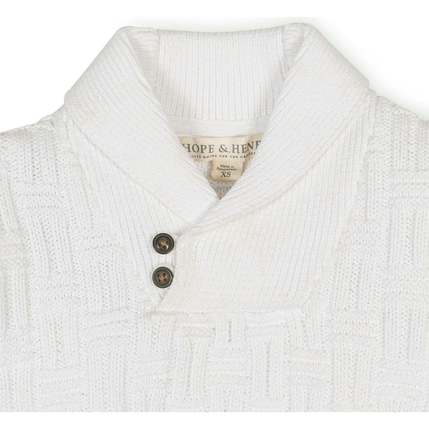 Organic Long Sleeve Shawl Collar Cable Sweater with Elbow Patches, White