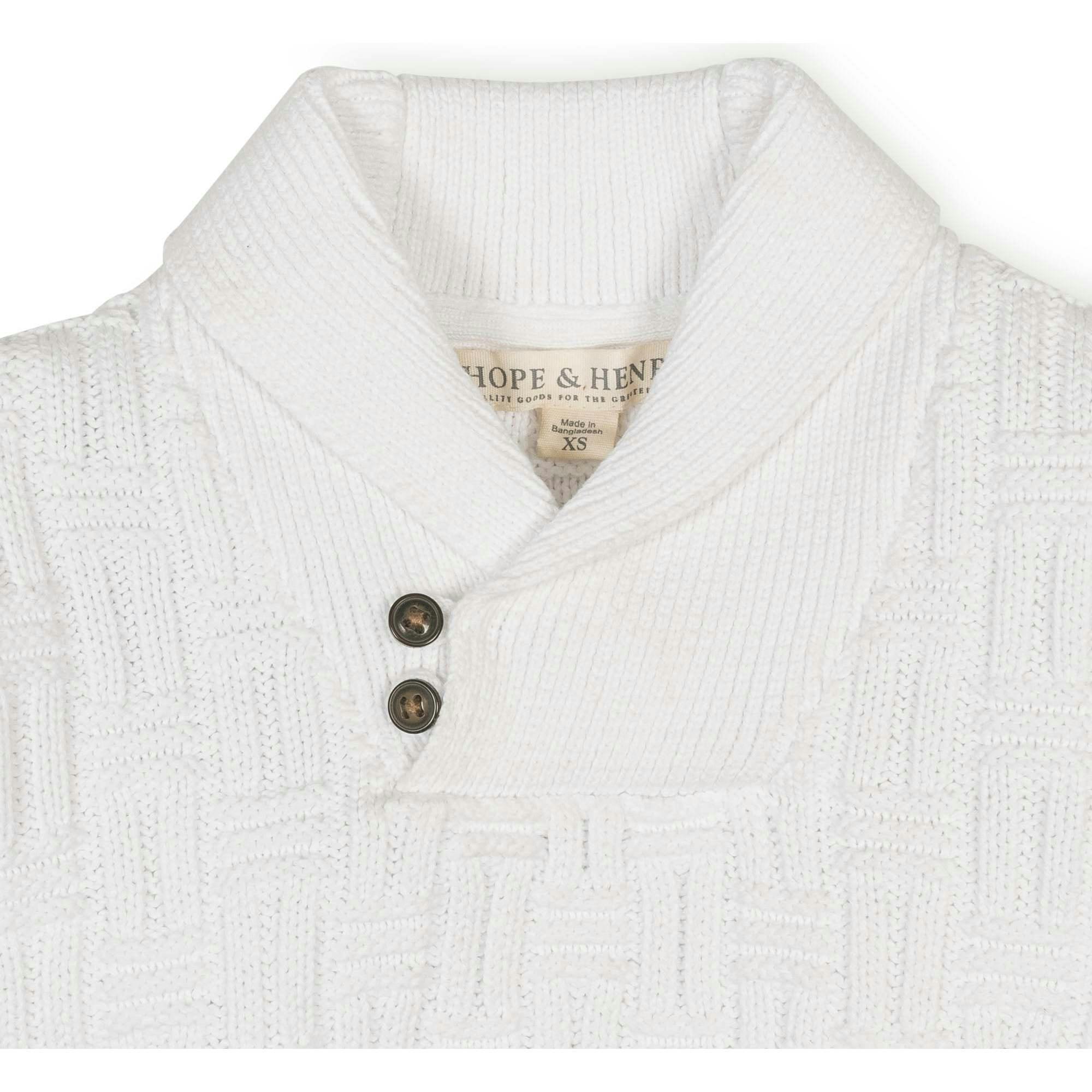 Organic Long Sleeve Shawl Collar Cable Sweater with Elbow Patches, White