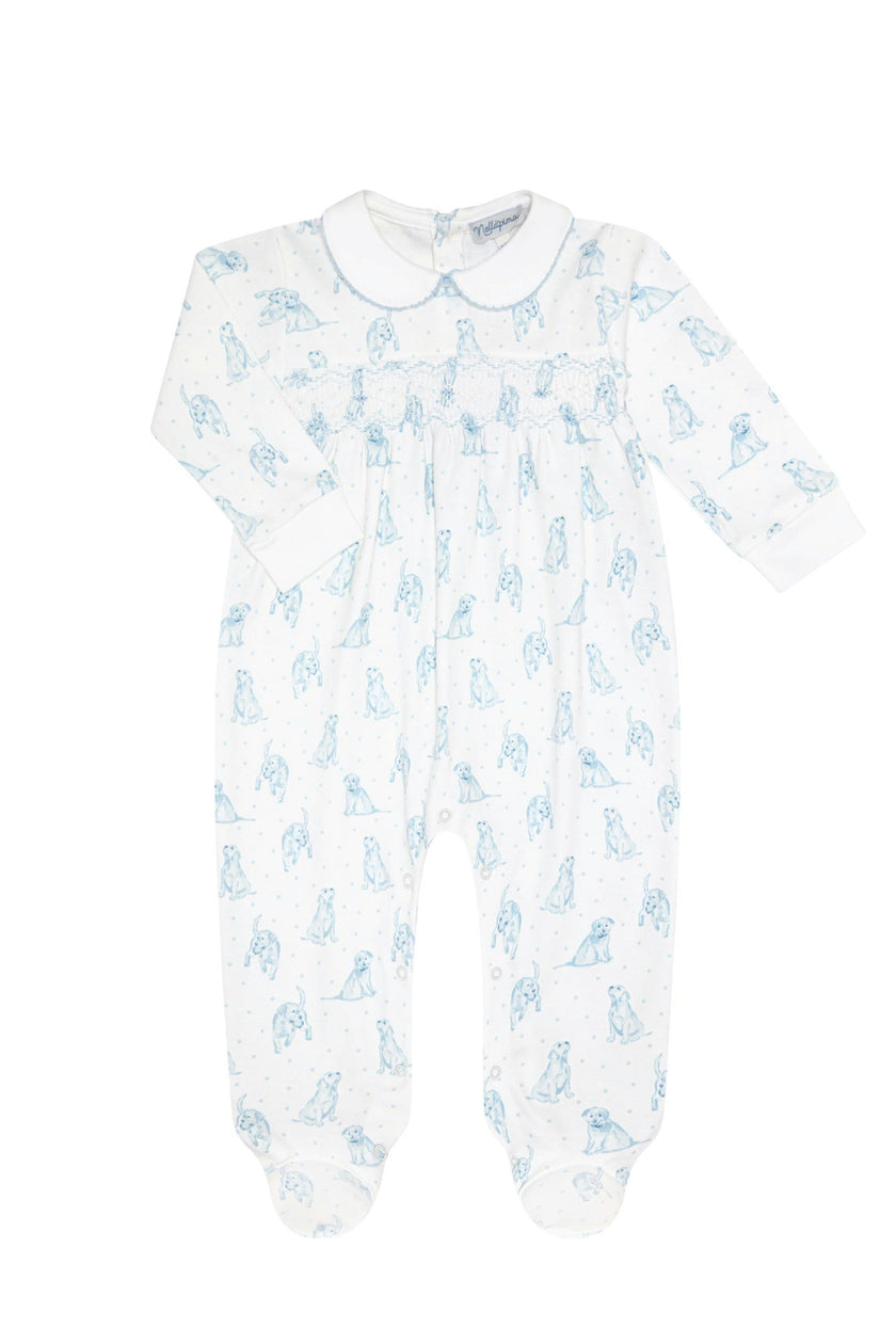 Blue Puppy Love Print Smocked Footie