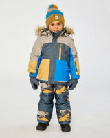 Two Piece Play Snowsuit Colorblock with Grey and Blue Dinosaur Print Pants