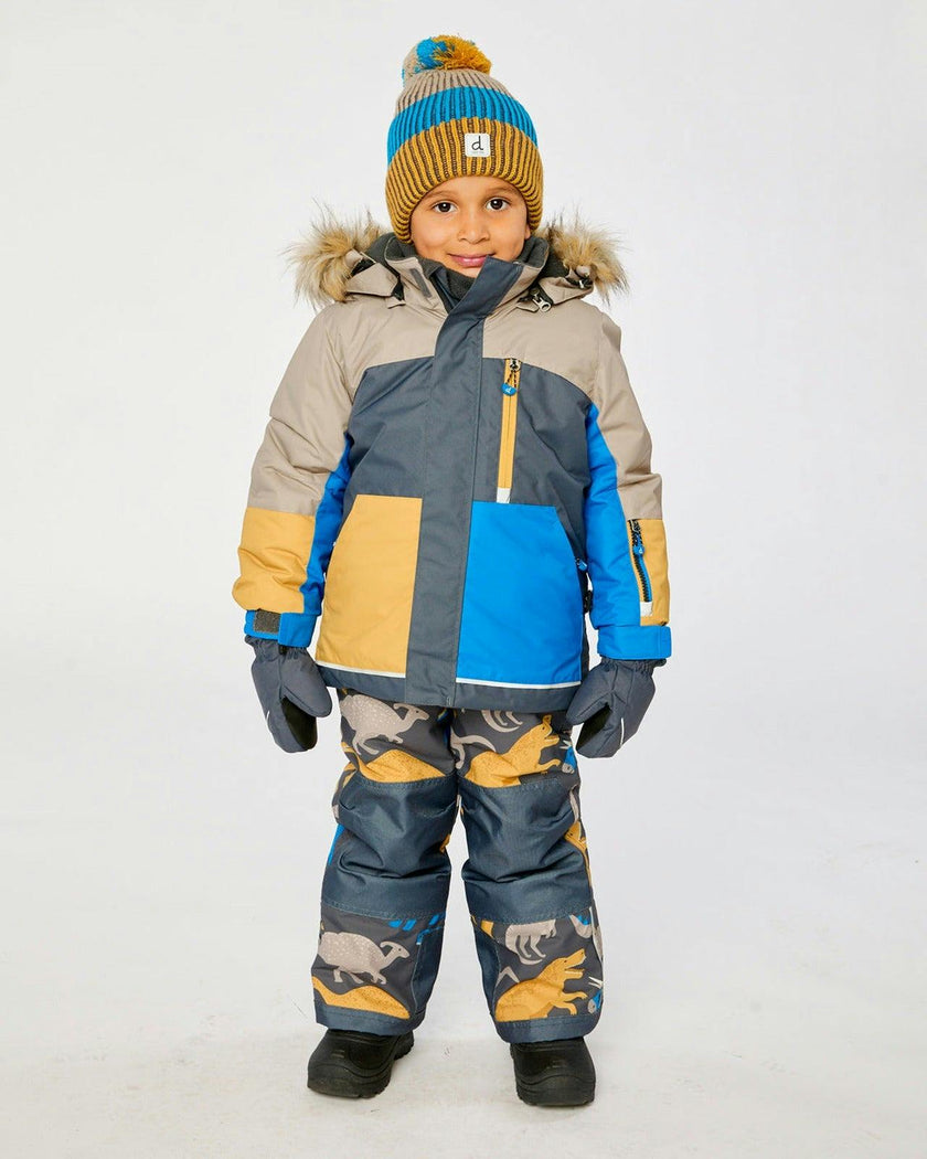 Two Piece Play Snowsuit Colorblock with Grey and Blue Dinosaur Print Pants