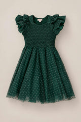 Mini Hattie Dress in Green Flocked Dot Tulle