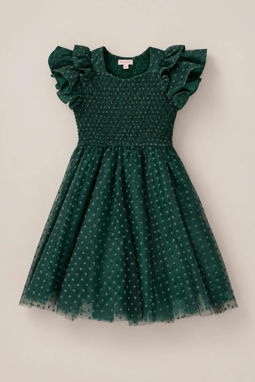 Mini Hattie Dress in Green Flocked Dot Tulle