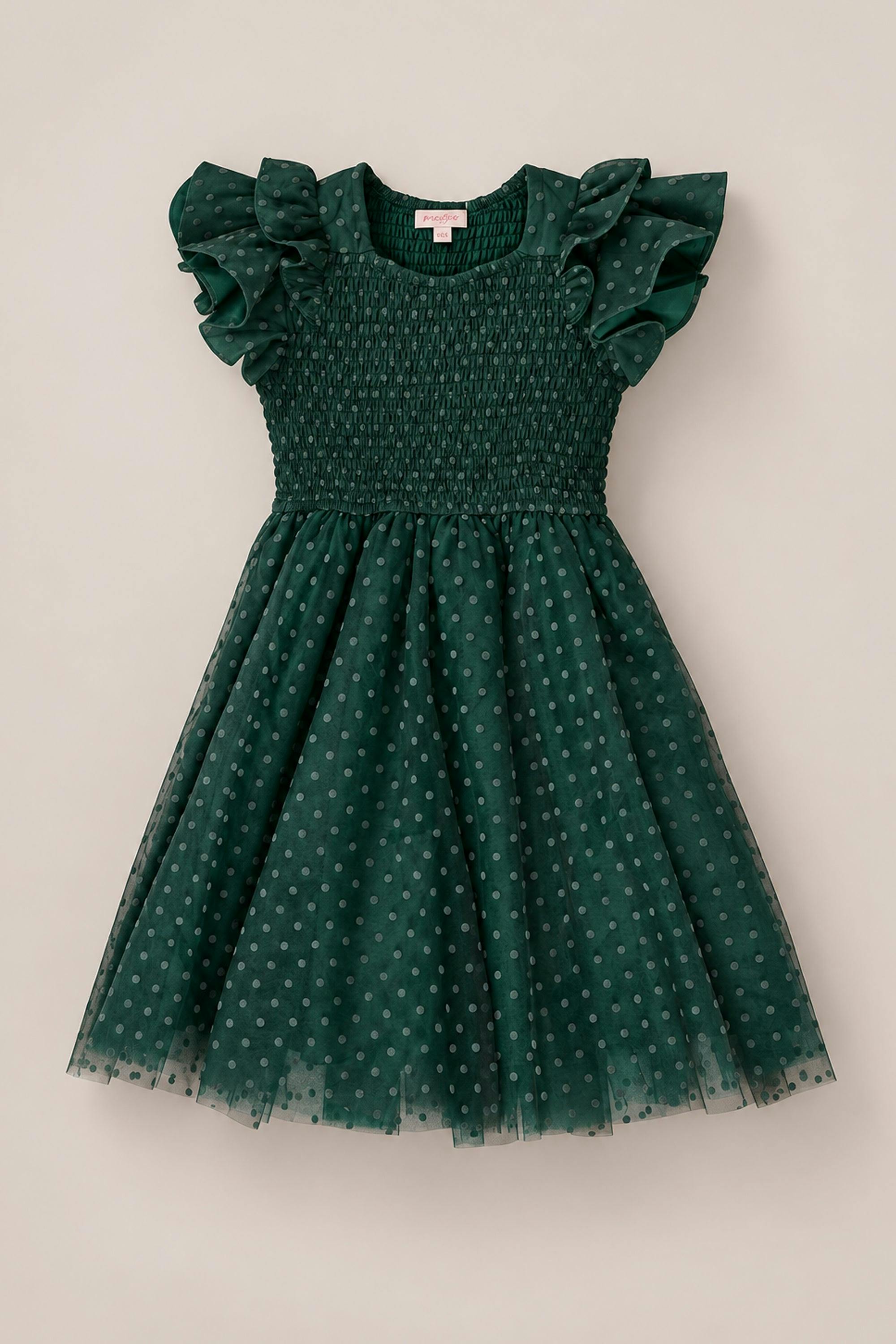 Mini Hattie Dress in Green Flocked Dot Tulle