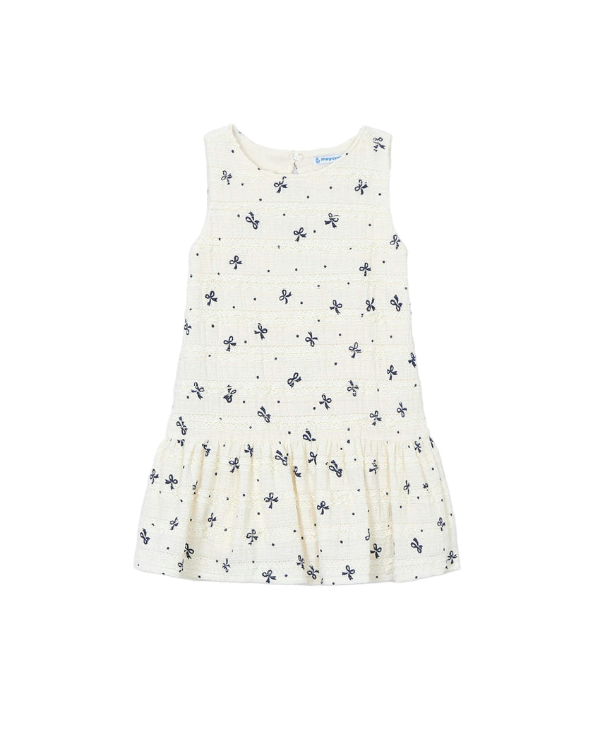 White Bow-Pattern Drop-Waist Dress