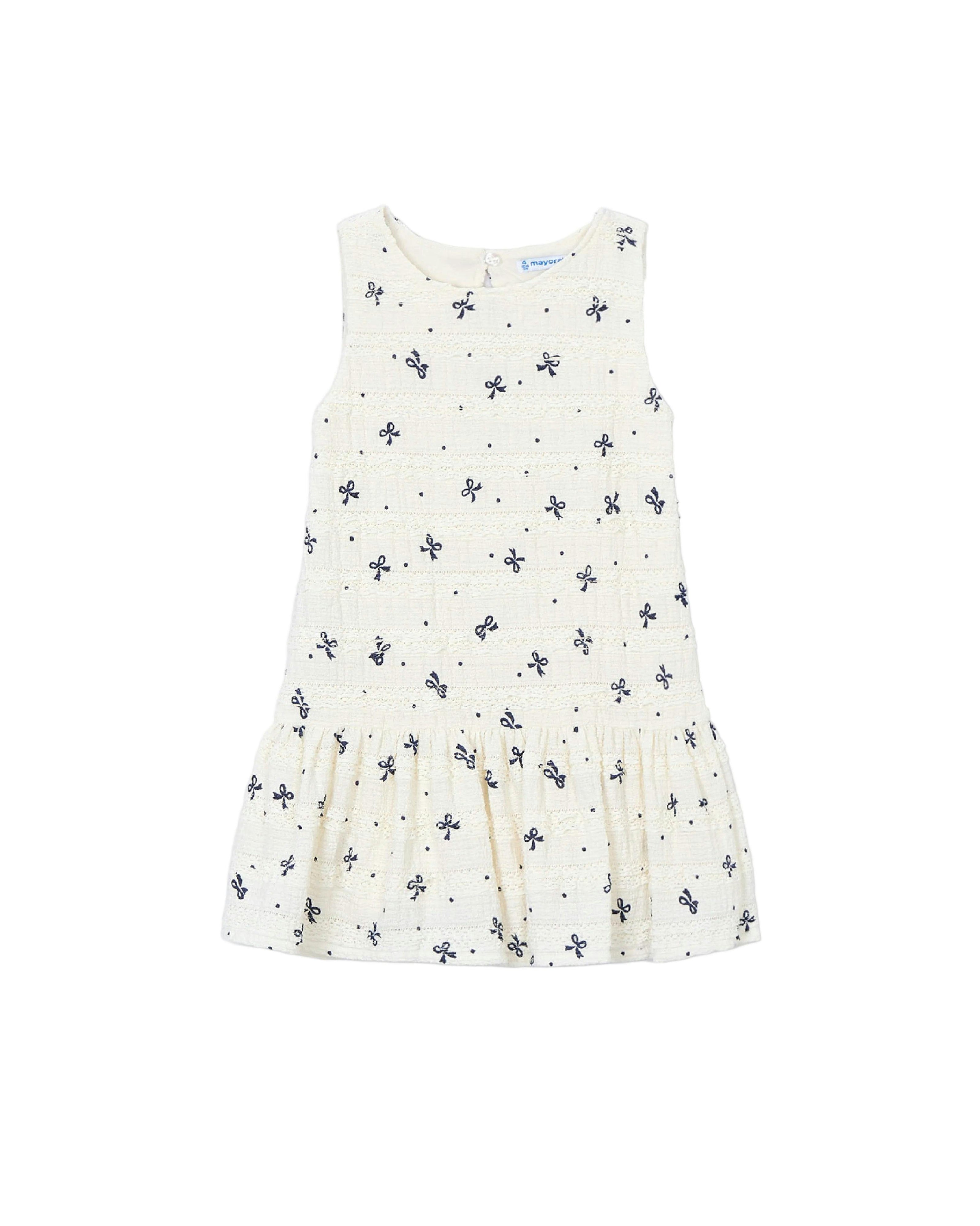 White Bow-Pattern Drop-Waist Dress