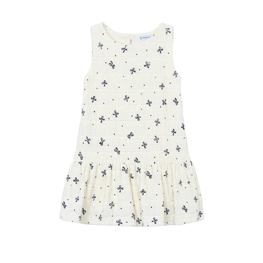 White Bow-Pattern Drop-Waist Dress