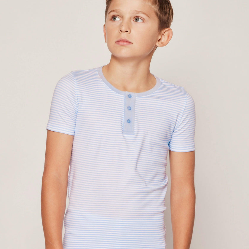 Kid's Pima Snug Fit Pajama Short Set in Blue Stripes