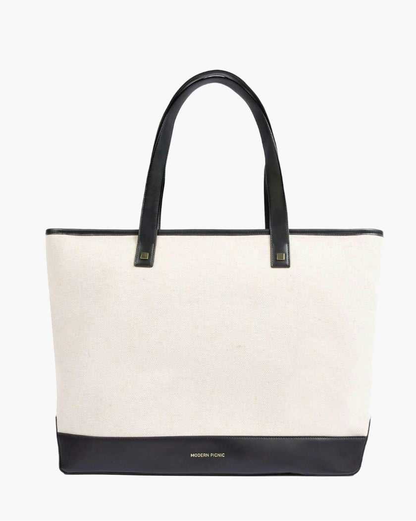 Vegan Leather Work Tote Bag with Removable Insulated Pouch, Black Canvas