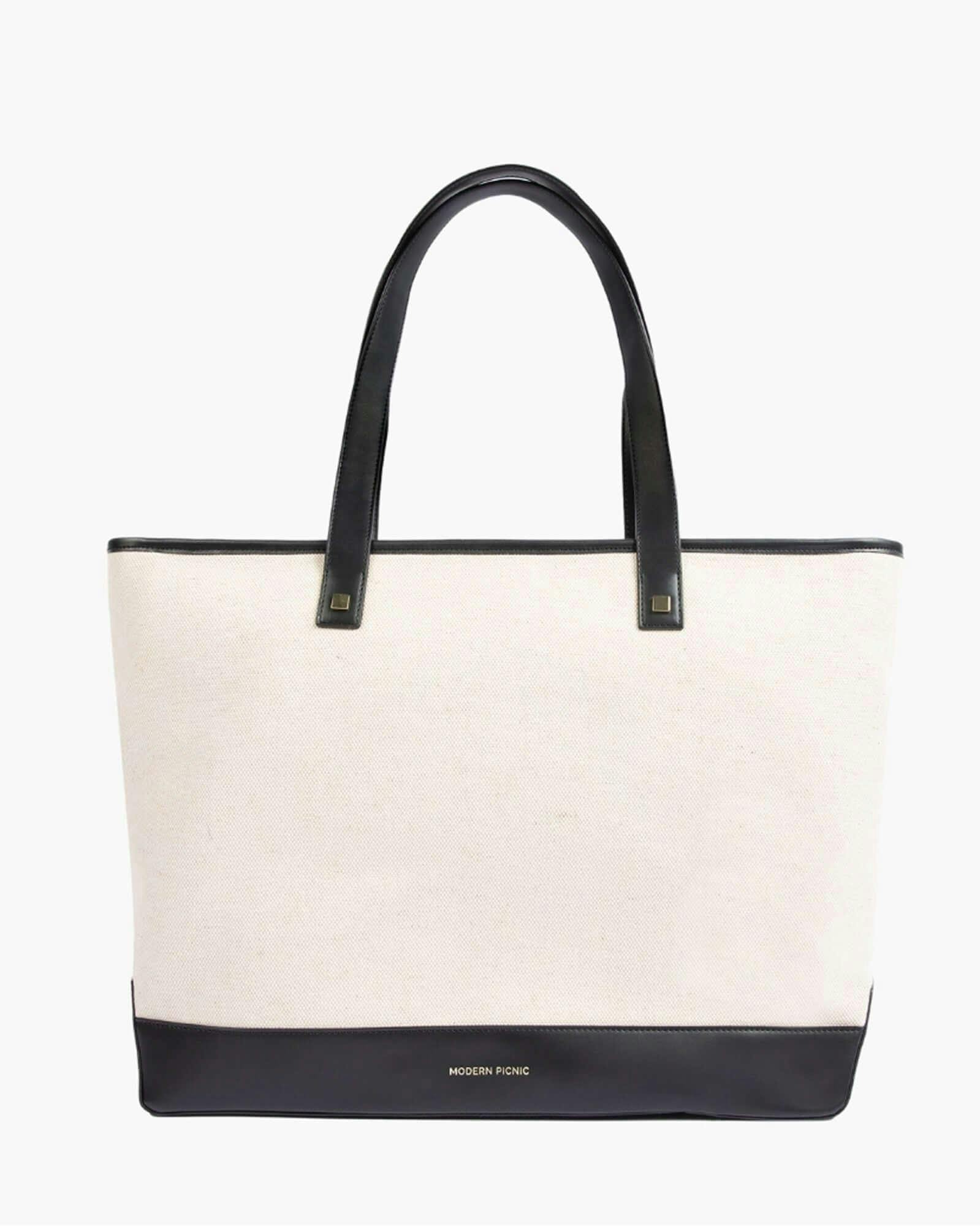 Vegan Leather Work Tote Bag with Removable Insulated Pouch, Black Canvas