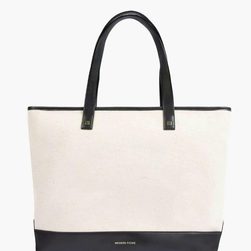 Vegan Leather Work Tote Bag with Removable Insulated Pouch, Black Canvas