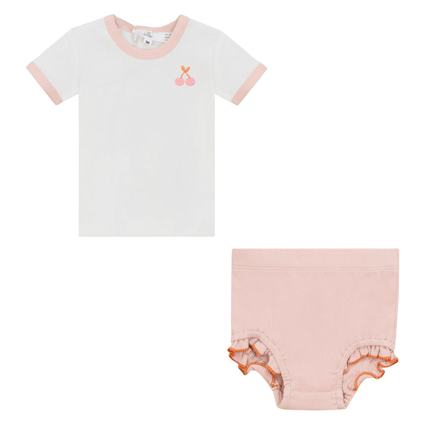 Cherry Print Top Set Off White/Mauve