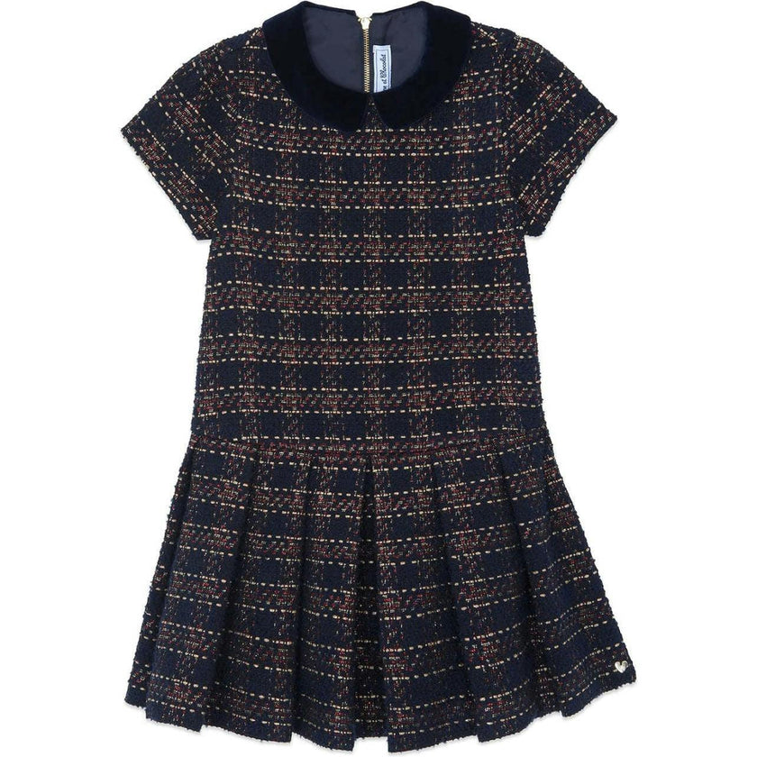 TARTINE ET CHOCOLAT SHORT SLEEVED CHECKED DRESS - MARINE