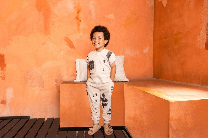 Kids Print Terry Short Ribbed Sleeve Zip-Up Flightsuit