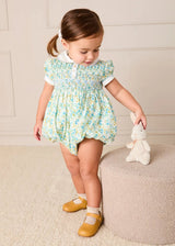 Louisa Floral Hand Smocked Short Sleeve Romper in Blue (3mths-2yrs)