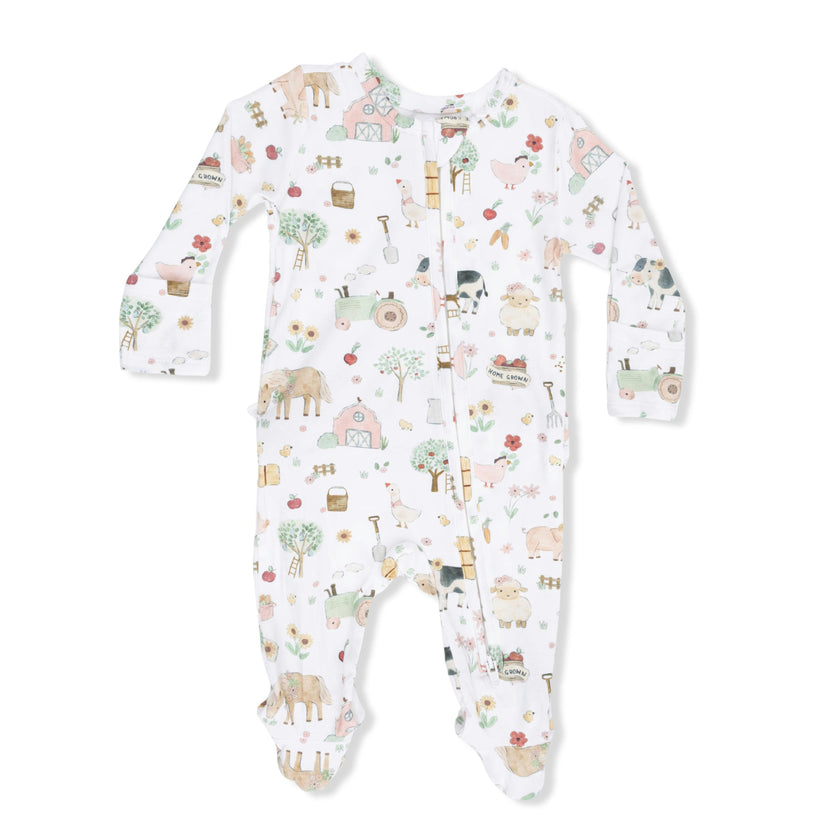 Cute Farm Animals Pink - 2 Way Ruffle Back Zipper Footie