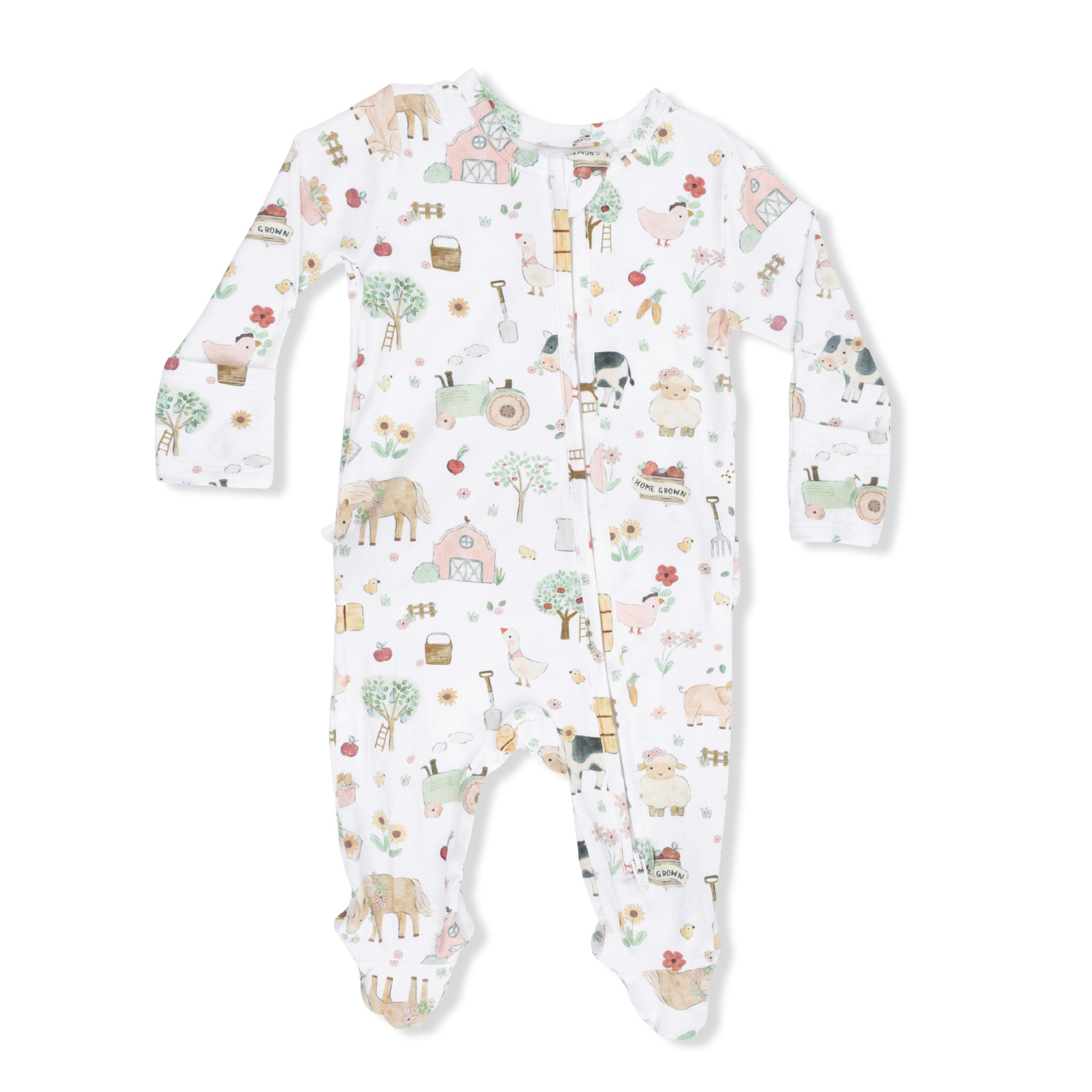 Cute Farm Animals Pink - 2 Way Ruffle Back Zipper Footie