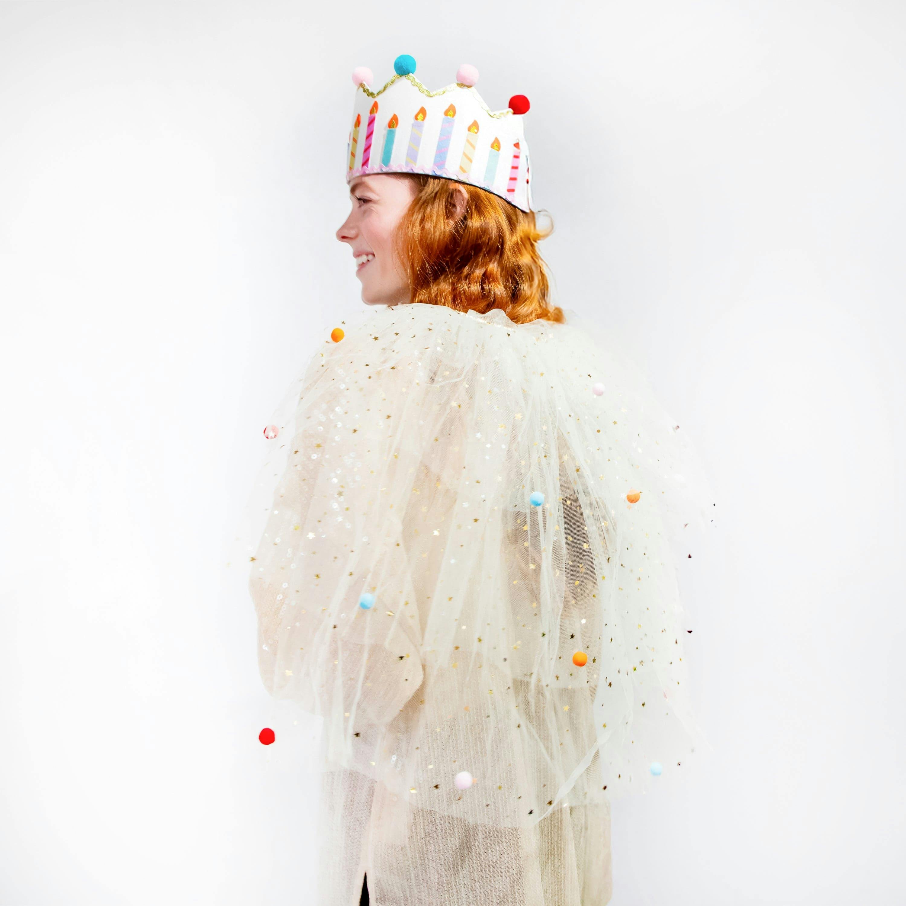 Tulle Celebrations Cape with Multicolor Pom Poms and Gold Glitter Stars