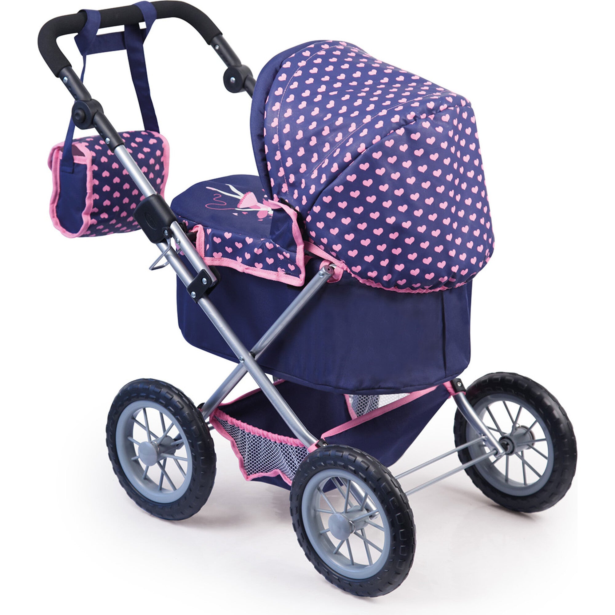 Trendy Pram Stroller for Toy Baby Dolls in Navy/Pink