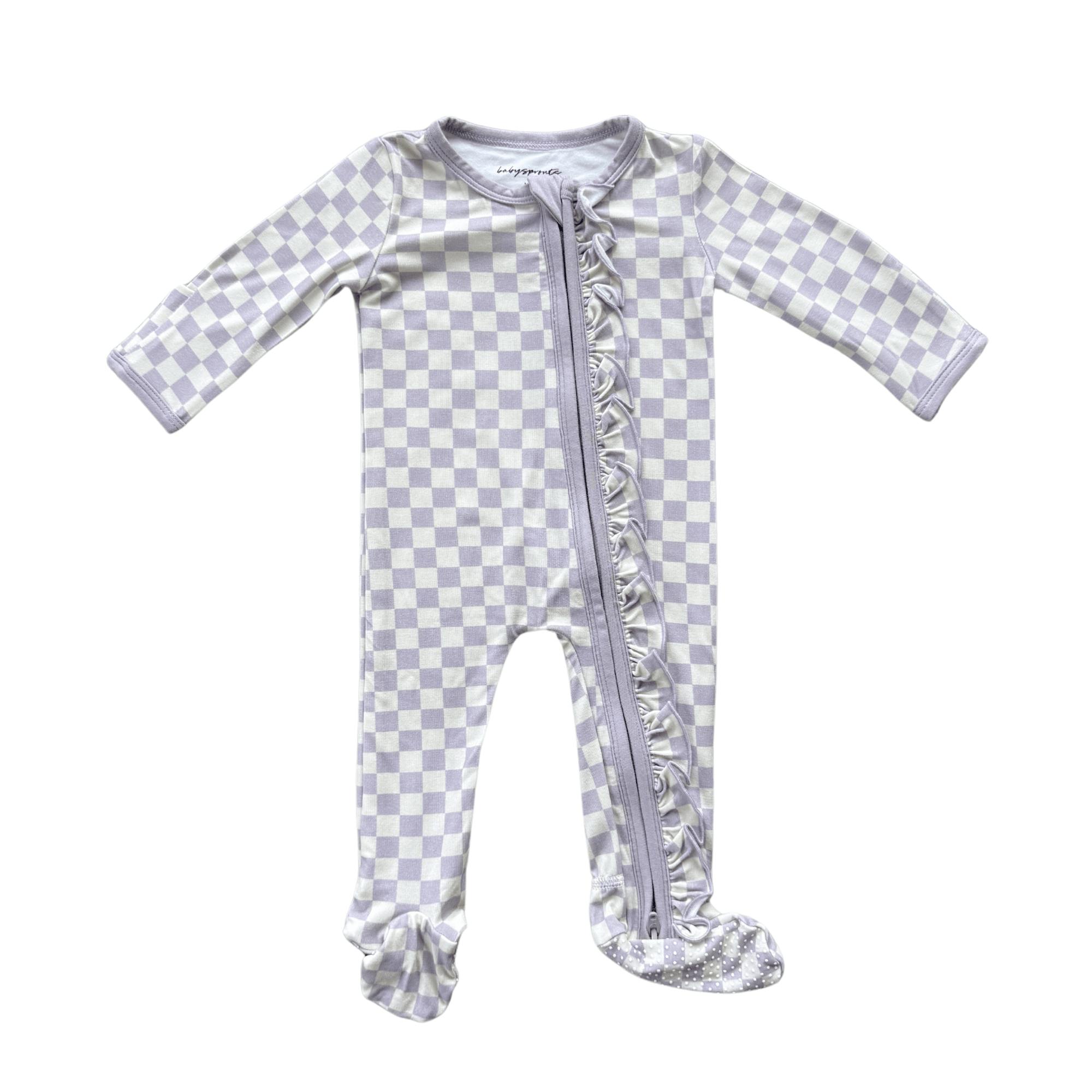 Girls Footie Romper in Lavender Cloud Checkered