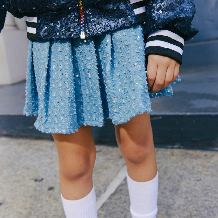 Denim Sparkle Pleated Short Skirt