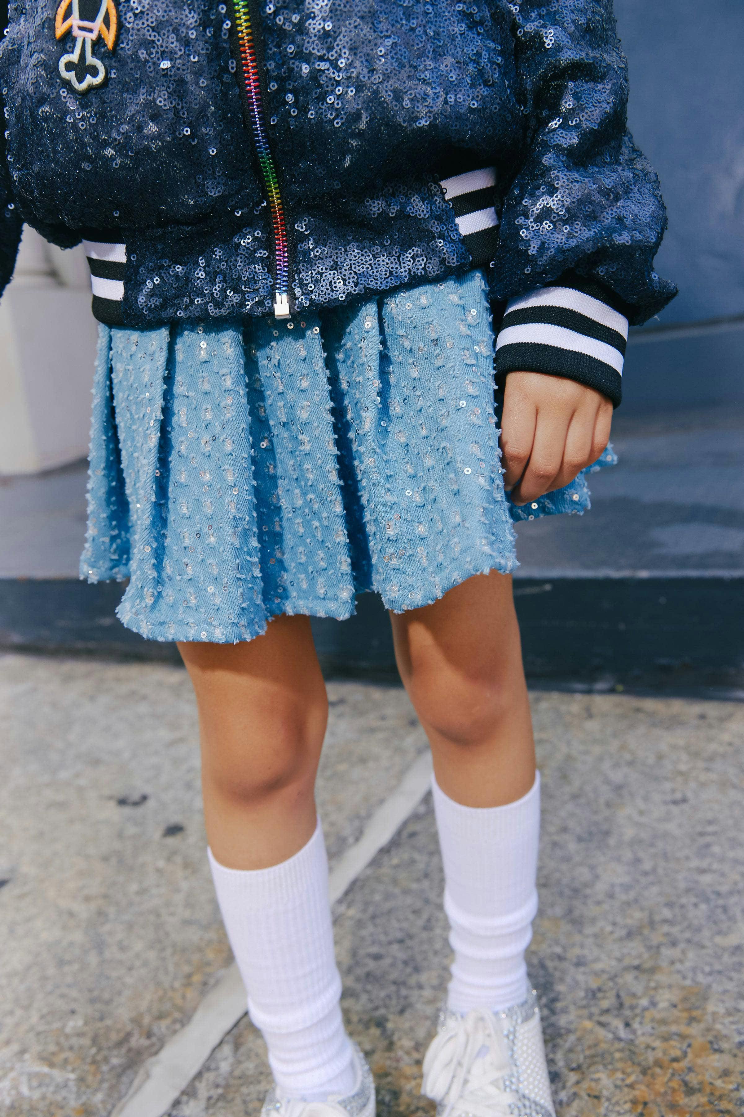Denim Sparkle Pleated Short Skirt