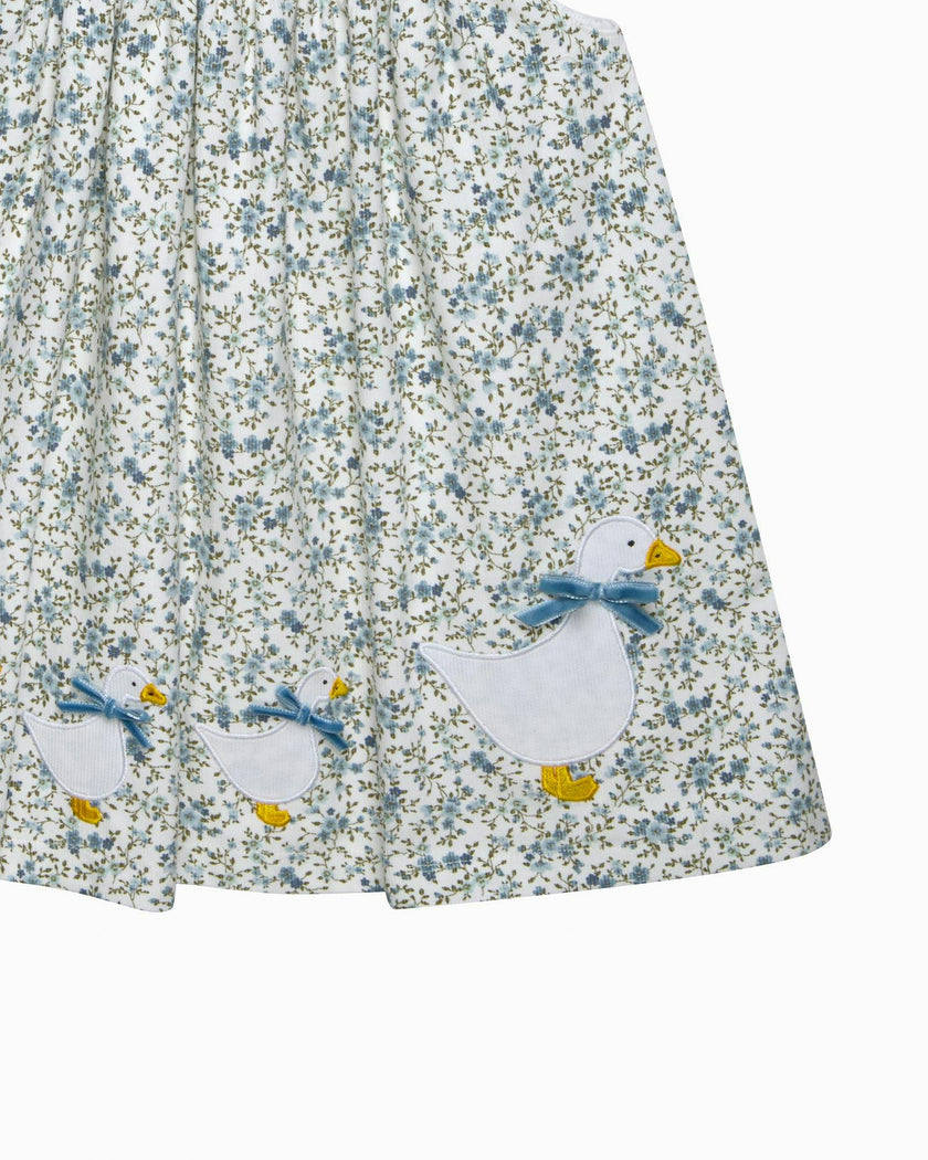 Baby Cord Ditsy Floral Duck Pinafore in Blue