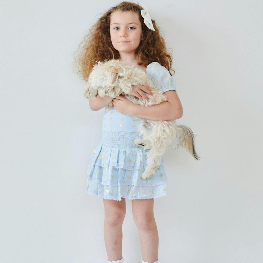 Gemma Pastel Blue With Blue Lace Heart Lurex Smocked Ruffle Mini Skirt