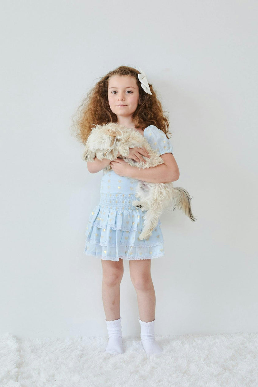 Gemma Pastel Blue With Blue Lace Heart Lurex Smocked Ruffle Mini Skirt
