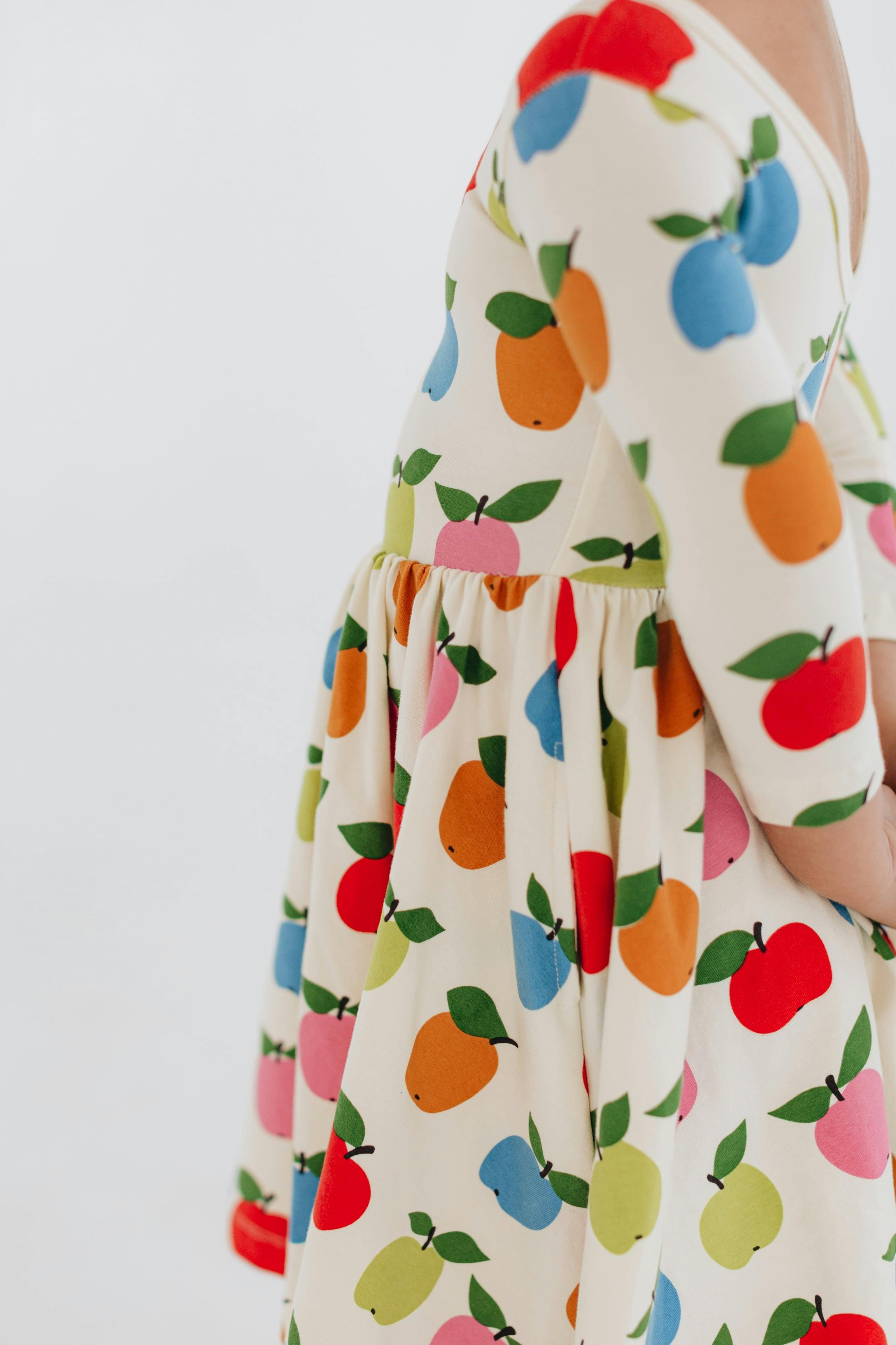 3/4 Sleeve Twirl Dress in Colorful Apples