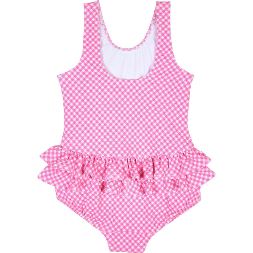 Gingham Swimsuit With Ruffles And Flower