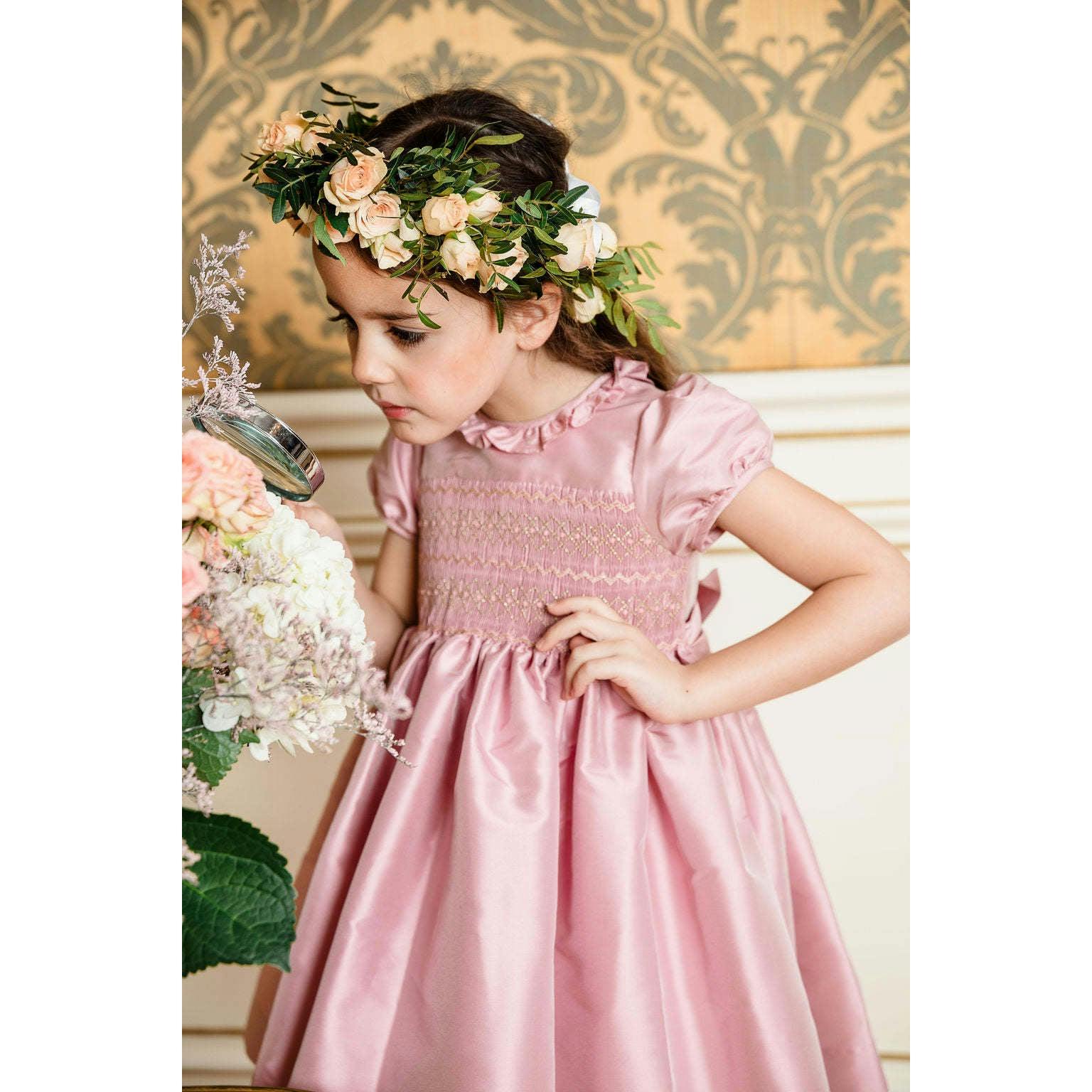 Astrid Pink Silk Smocked Girl Dress