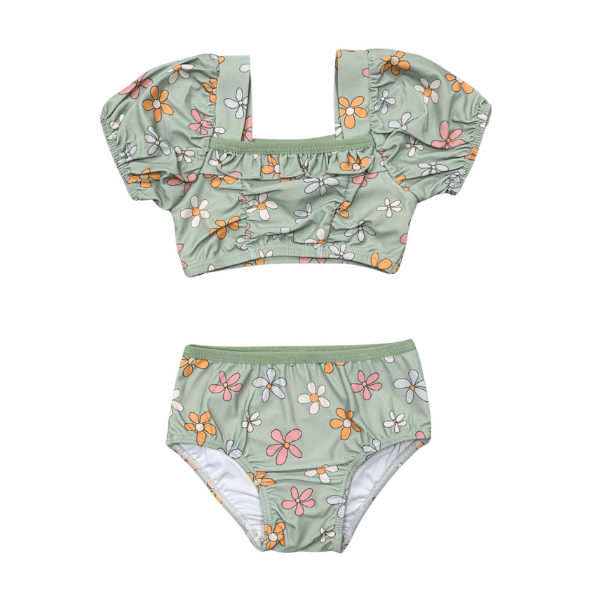 Girls Puff Sleeve Two-Piece Swimsuit in Sketch Daisy