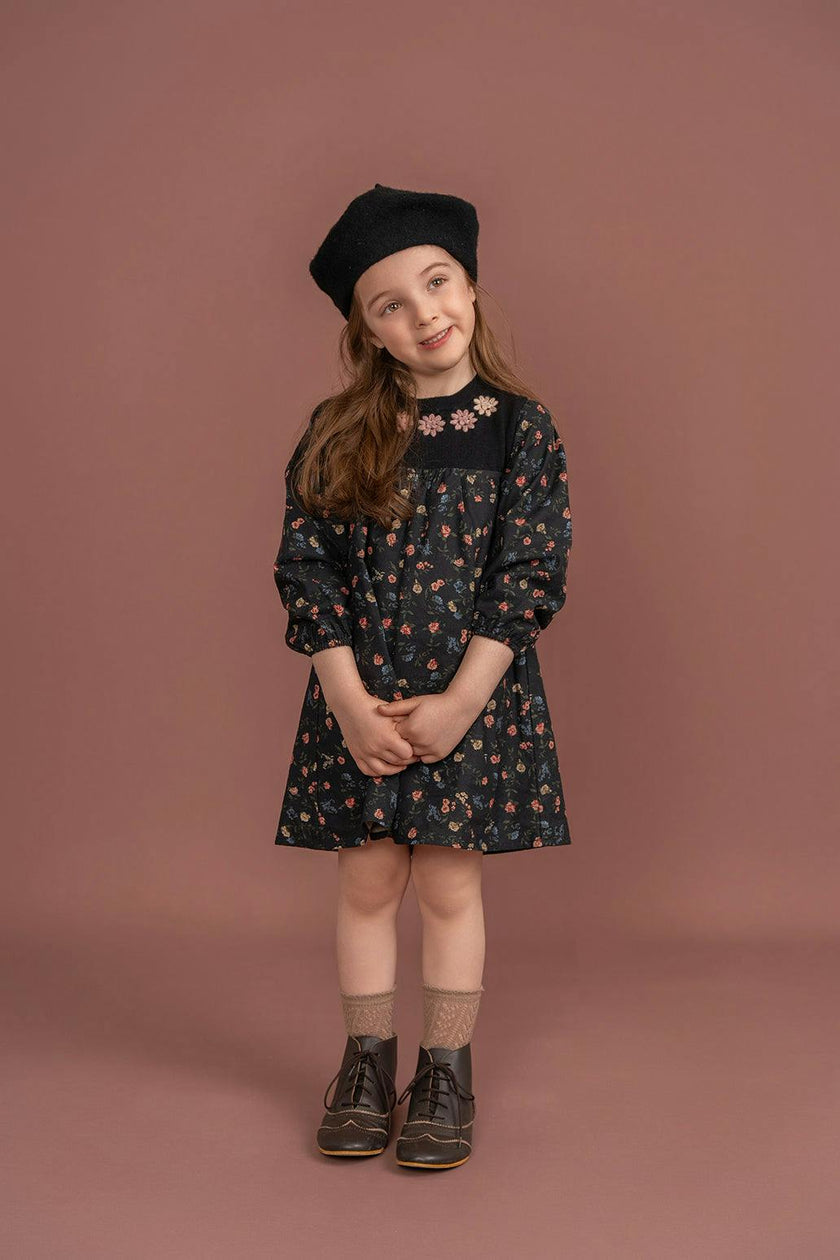 Flower Print Embroidered Long Sleeve Dress