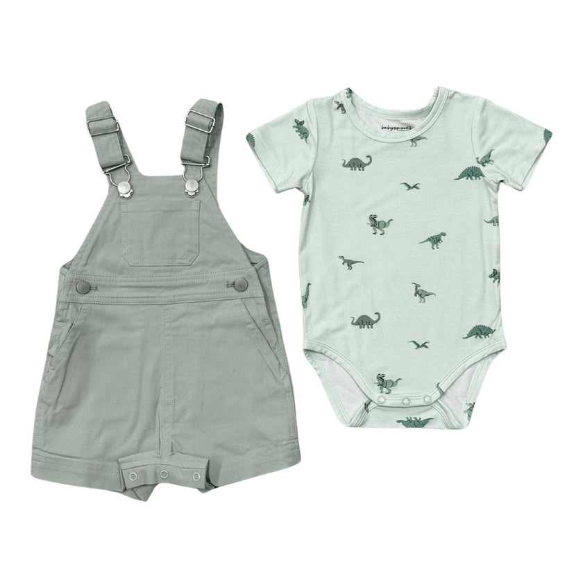 Cotton Overalls Set in Aqua Grey/Dinosaur
