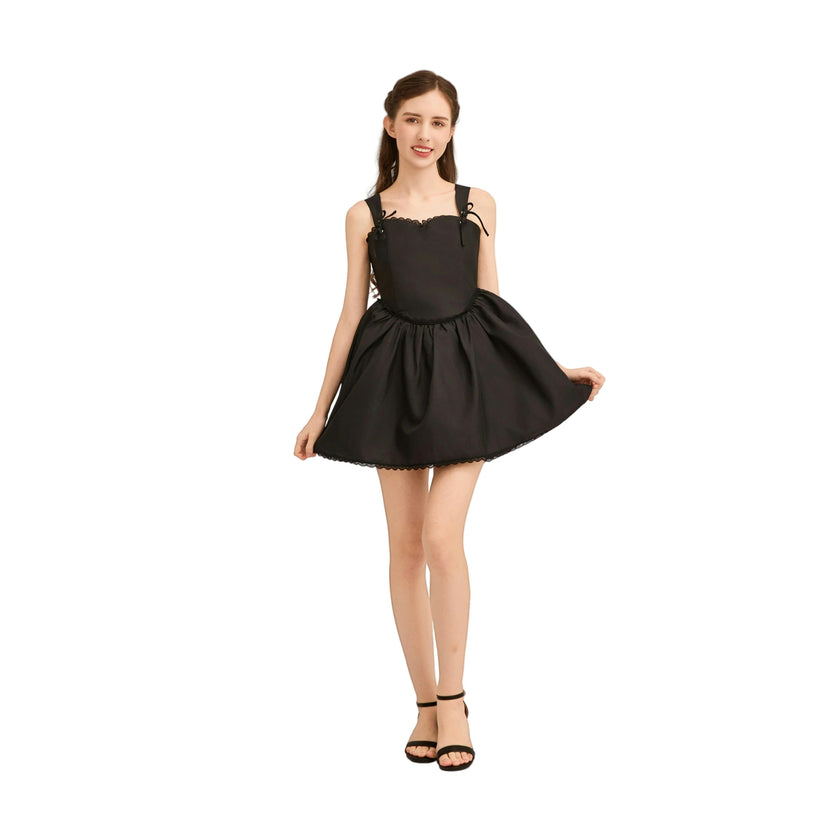 Black Belgata Lace Trim Flared Dress
