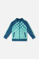 Full Zip Athletic Cardigan In Recycled Polyester Teal Printed Checkerboard