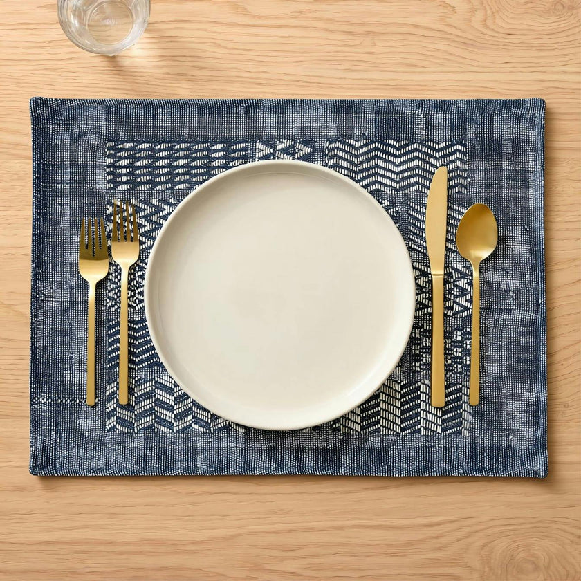 Artisan Hand Loomed Placemat - Indigo Blocks - 14" x 19"- Set of 4