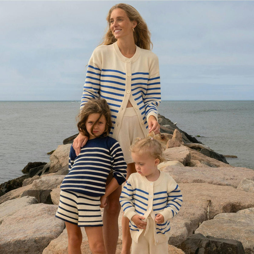 Women's Cream And Blue Stripe Knit Cardigan