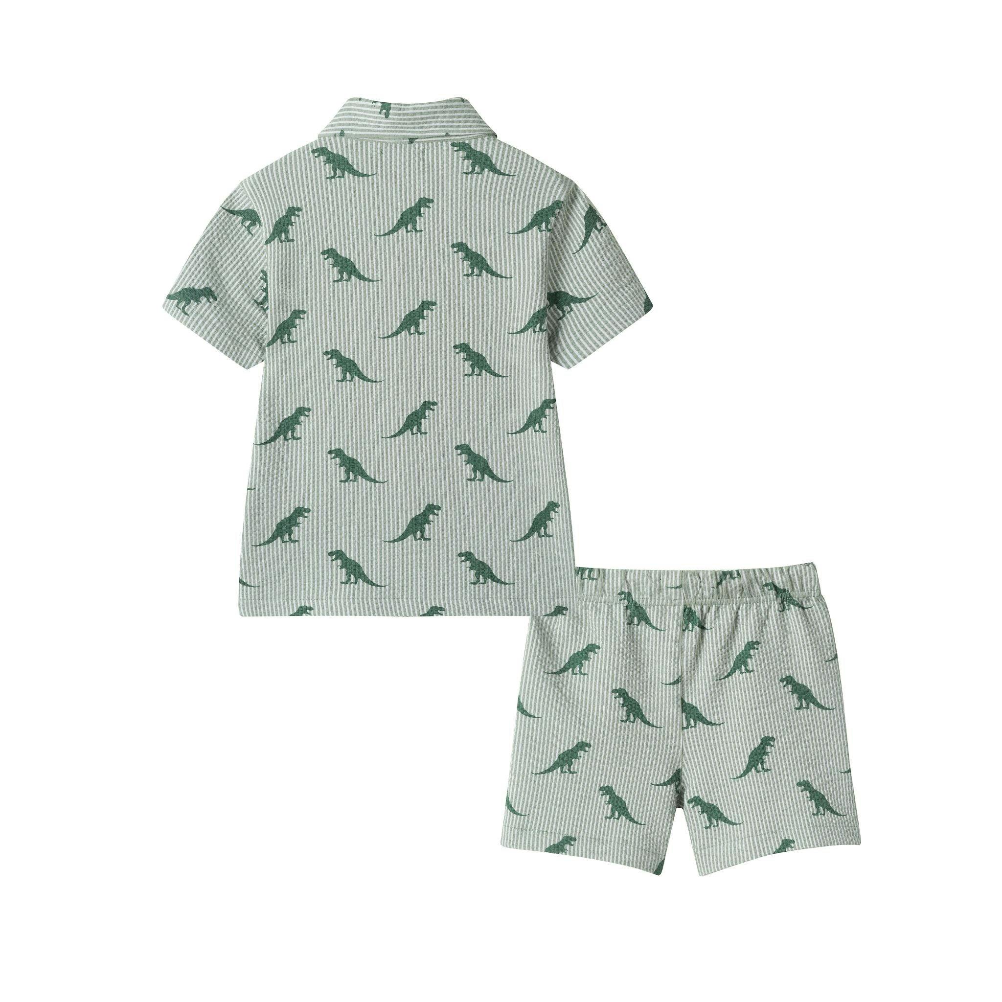 Boys Short Sleeve Cabana Set | Green Stripe Dino