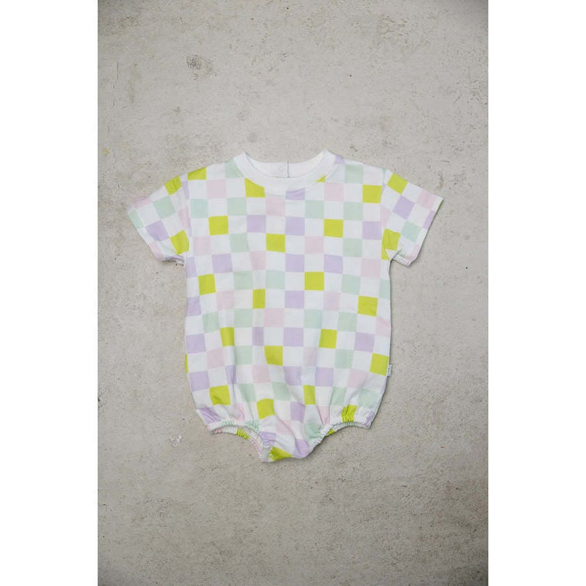 multi-checkered bubble romper
