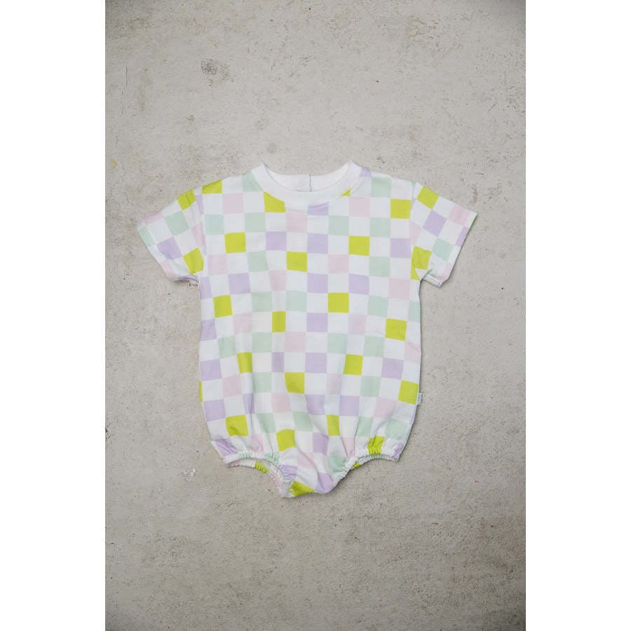 multi-checkered bubble romper