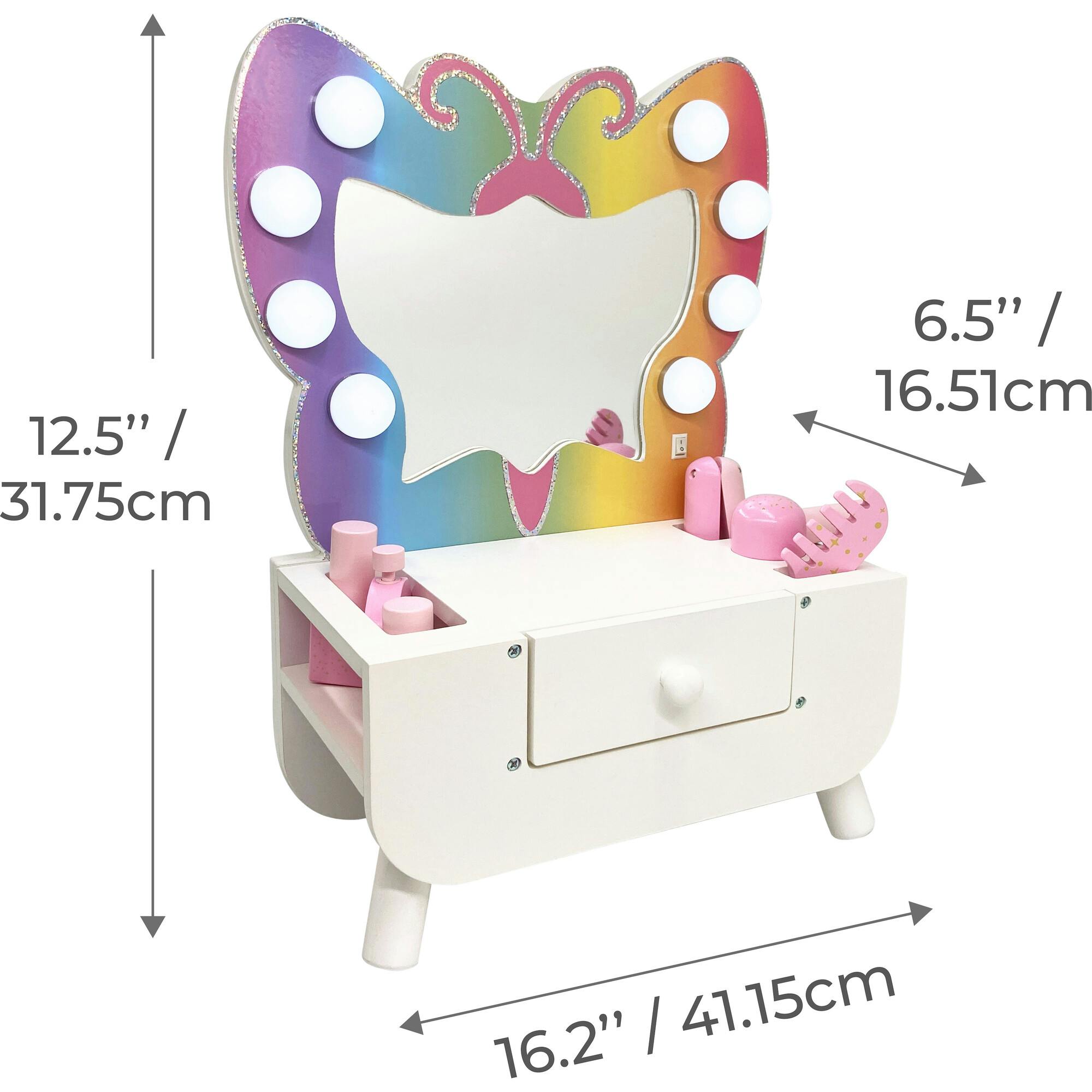 Colorful Butterfly-Shaped Tabletop Vanity with LED-Illuminated Mirror and Accessory Set