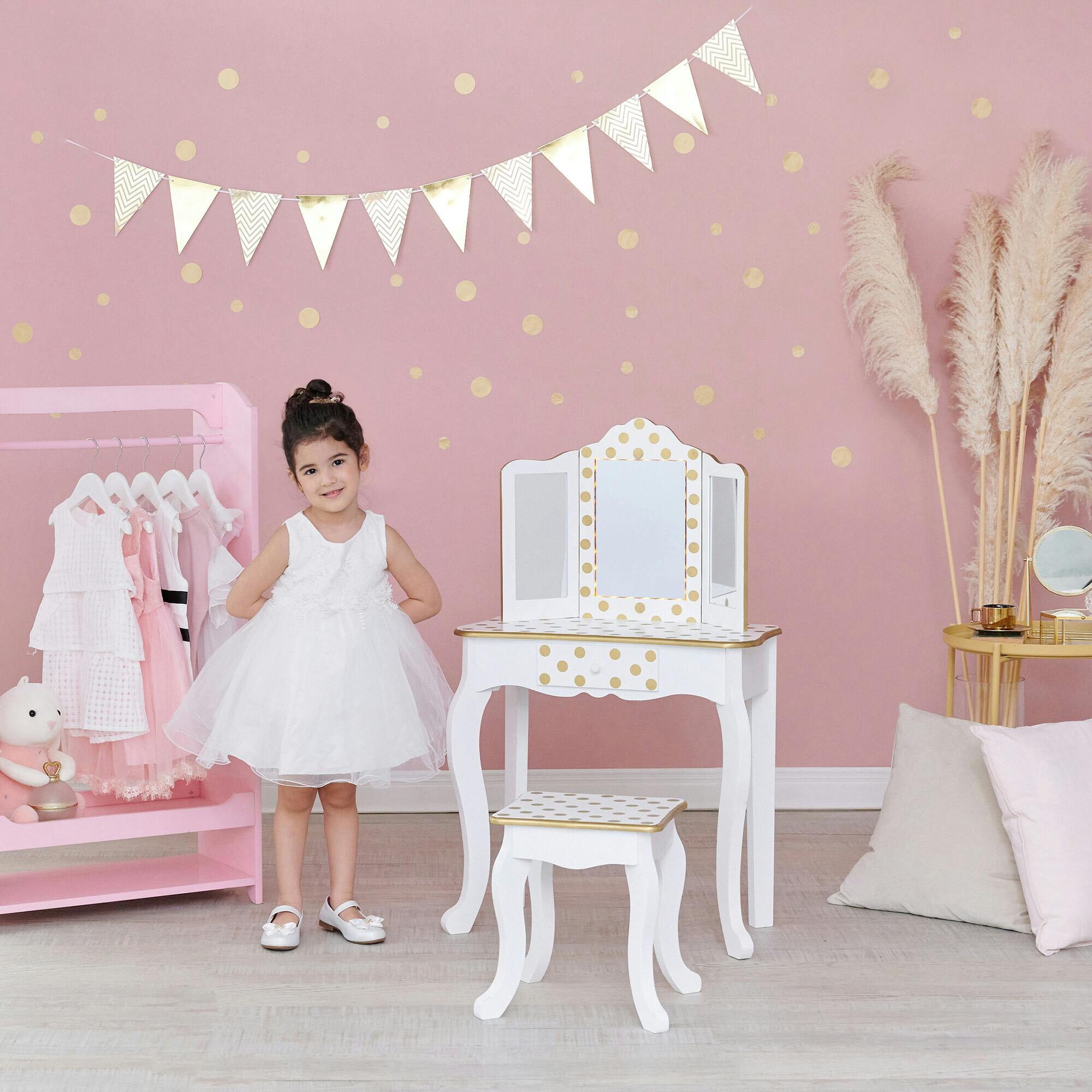 Fashion Polka Dot Prints Gisele Play Vanity Set With LED Mirror Light - White /