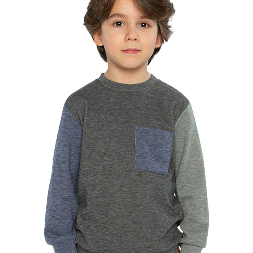 Colorblock Brushed Jersey Top with Chest Pocket Grey Brown