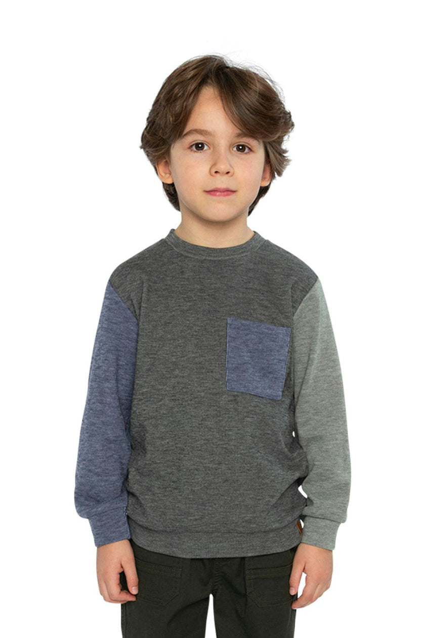 Colorblock Brushed Jersey Top with Chest Pocket Grey Brown