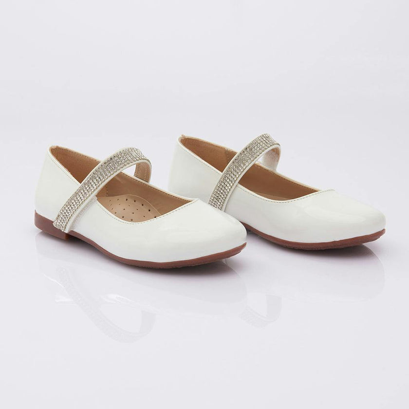 Patent White Rhinestone Strap Flats