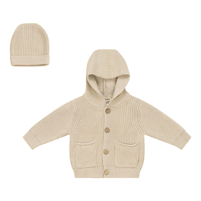 Hooded Ribbed Button Front Jacket and Hat Two Piece Set