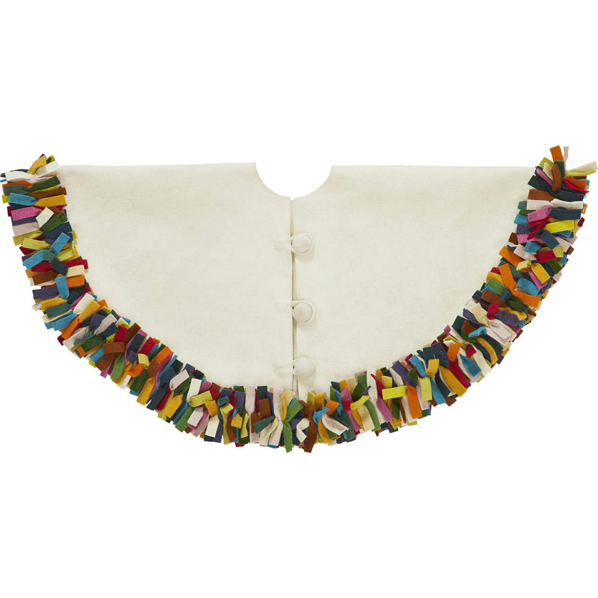 Handmade Felt Multicolor Fringe Border Cream Christmas Tree Skirt - 51" / 72"