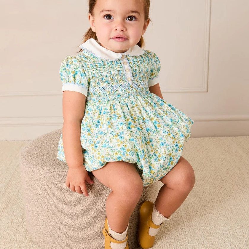 Louisa Floral Hand Smocked Short Sleeve Romper in Blue (3mths-2yrs)